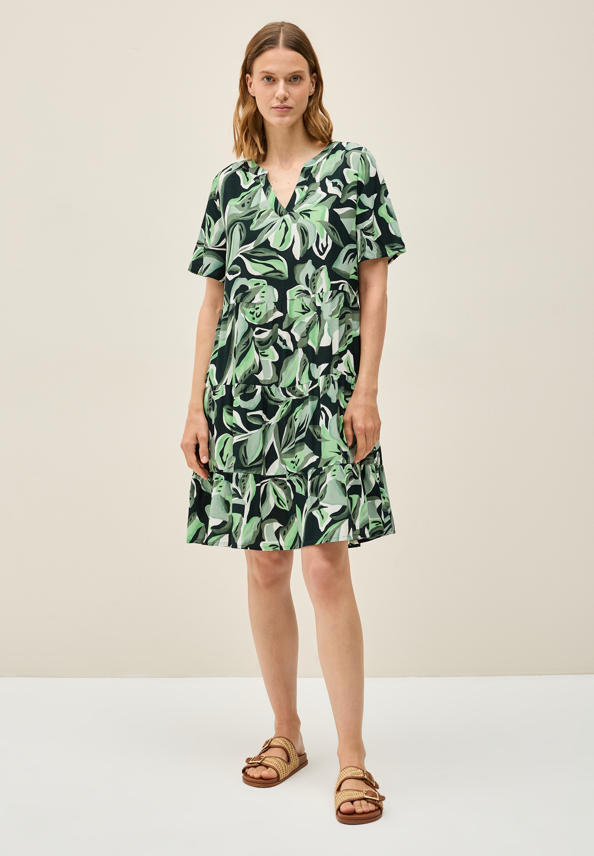 Sommerkleid CECIL, Damen, Gr. L42, US-Größen, grün (ink grün), Stoff, 100% Viskose, bedruckt, normal knielang, V-Ausschnitt, ausgestellter Saum, Kleider Sommerkleid, mit allover Blumenprint