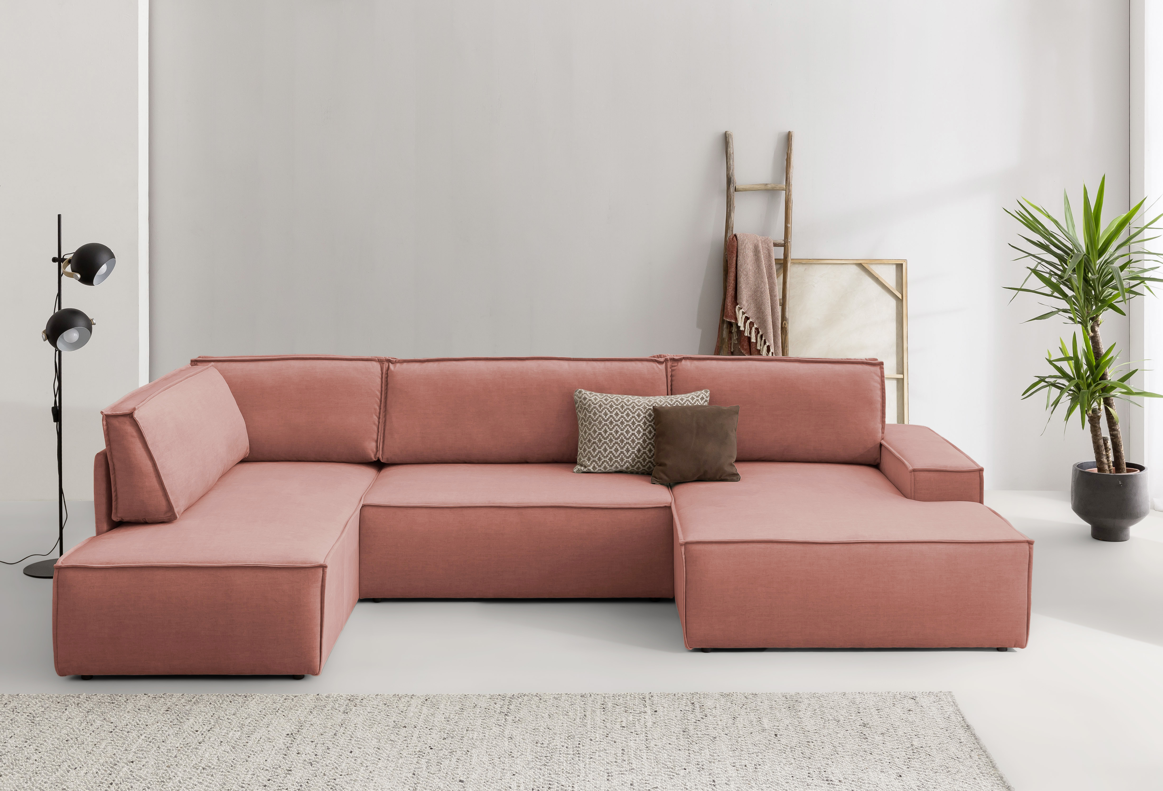 Wohnlandschaft HOME AFFAIRE "SHERWOOD 329 cm, U-Form, Schlafsofa", rot (coral), B:329cm H:85cm T:195cm, Sofas, Schlaffunktion m. Bettkasten (194x139 cm), Cord, Vintage, Samtvelours Image