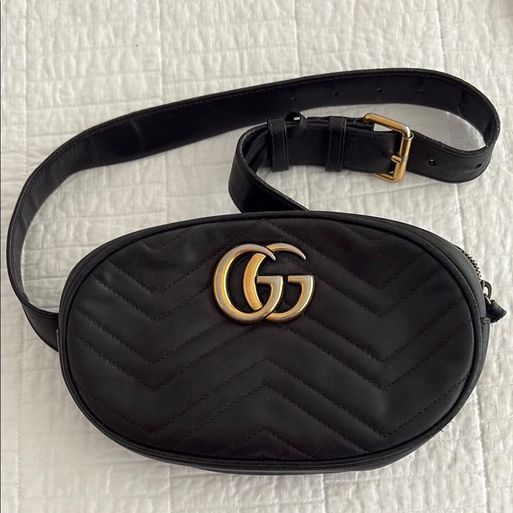 Gucci Bags | Gucci Black Large Size Belt/Crossbody Quilted Bag With Belt Size 85cm | Color: Black/Gold | Size: H: 5 1/2in X W: 9in