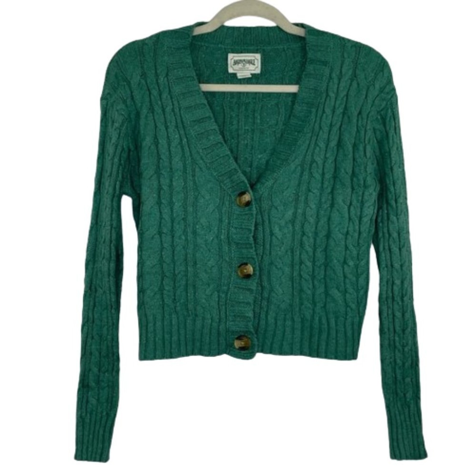American Eagle Outfitters Sweaters | American Eagle Green Cable Knit Button Down Cropped Cardigan Size Xs Vintage 90s | Color: Green | Size: Xs