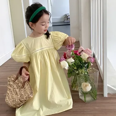 Sommer Einfarbig Mädchen Prinzessin Kleid Rundhals Blase Ärmeln Schöne und Elegante Kinder Casual Kleidung 3-7 Jahre alt Image