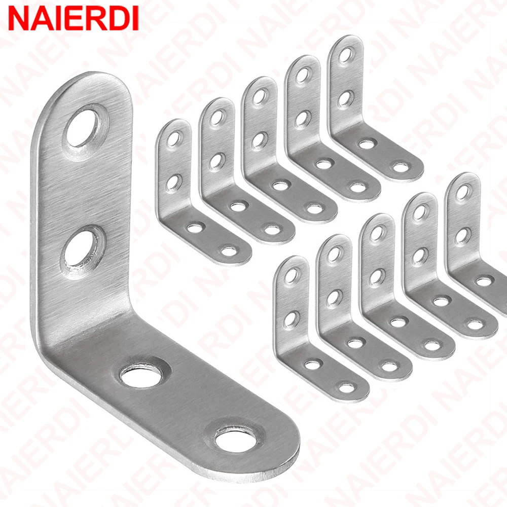 NAIERDI Confezione da 10 staffe angolari in acciaio inossidabile con angolo di 90 gradi, staffa a L, firmware per ripiani, sedie, tavoli in legno