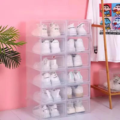 6pcs/Set Fold Plastic Shoes Case Thickened Transparent Drawer Case Plastic Shoe Boxes Stackable Box Shoe Organizer Shoebox