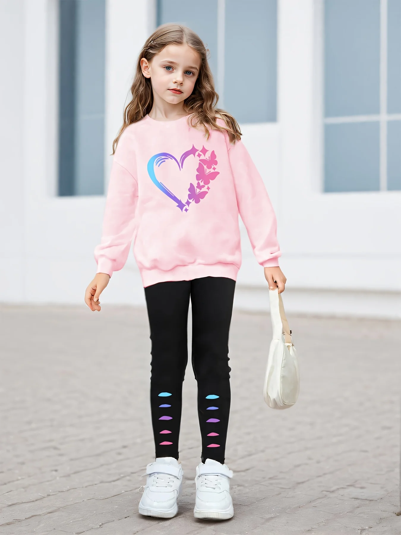 Ins kinder Kleidung Mädchen 2Pcs Liebe Schmetterling Drucken Langarm Sweatshirt Bein Druck Strumpfhosen Anzug Mädchen Outdoor Casual Sport kleidung Image