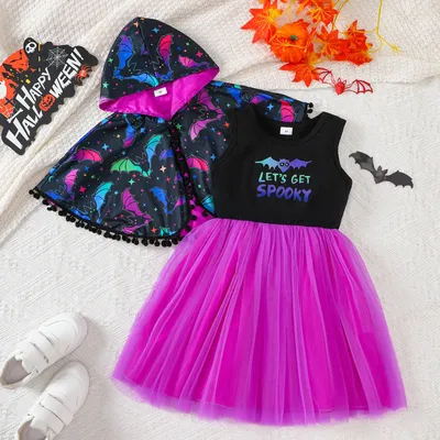 2025 Herbst Kinder Halloween Kleid voller Fledermaus Druck Mantel und Weste Tüll Kleid Anzug 2 Stück Mädchen Kostüm Party Kleidung Image