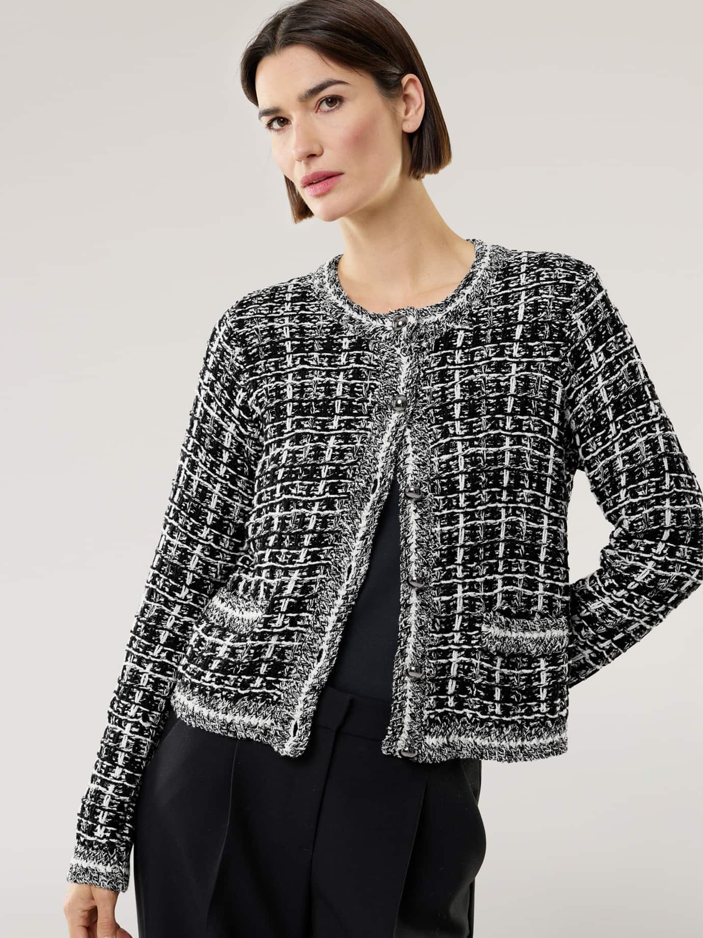 Walbusch Damen Tweed Strick-Jacke Black&White Weiß mehrfarbig