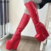Ronticool handgemachte Damen Winter Kniestiefel Lackleder Reißverschluss Keile Heels Peep Toe schöne rote Schuhe Plus US-Größe 5-15
