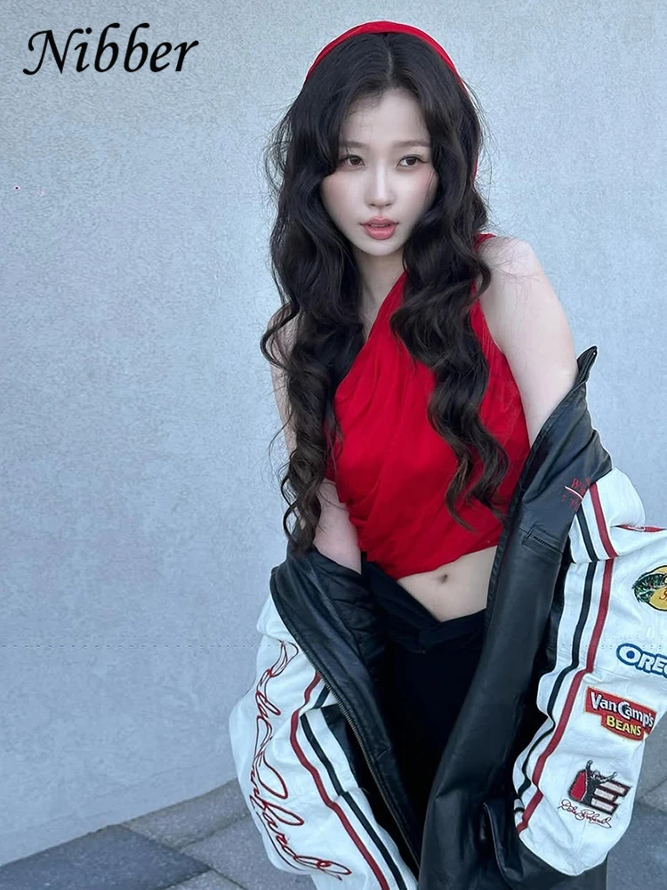 Nibber Streamer Frau One-Shoulder-Weste Mesh Streetwear Solide Rüschen 2025, Sommertrend Hip Hop Charming Hot Chick Mini Tops