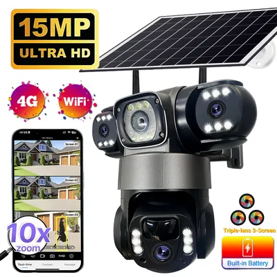 15MP Tri-Objektiv Solar Kamera WIFI IP Drahtlose CCTV AI Menschliche Erkennung IP Kameras Outdoor Sicherheit Schutz 4G SIM Netzwerk Kamera