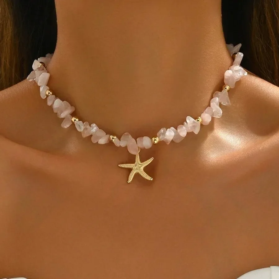 Exquisite Muschel-Halskette im Strandstil, Perlen-Choker-Halsketten für Frauen, handgefertigter Seestern-Anhänger, modischer Ozean-Schmuck Campo Image