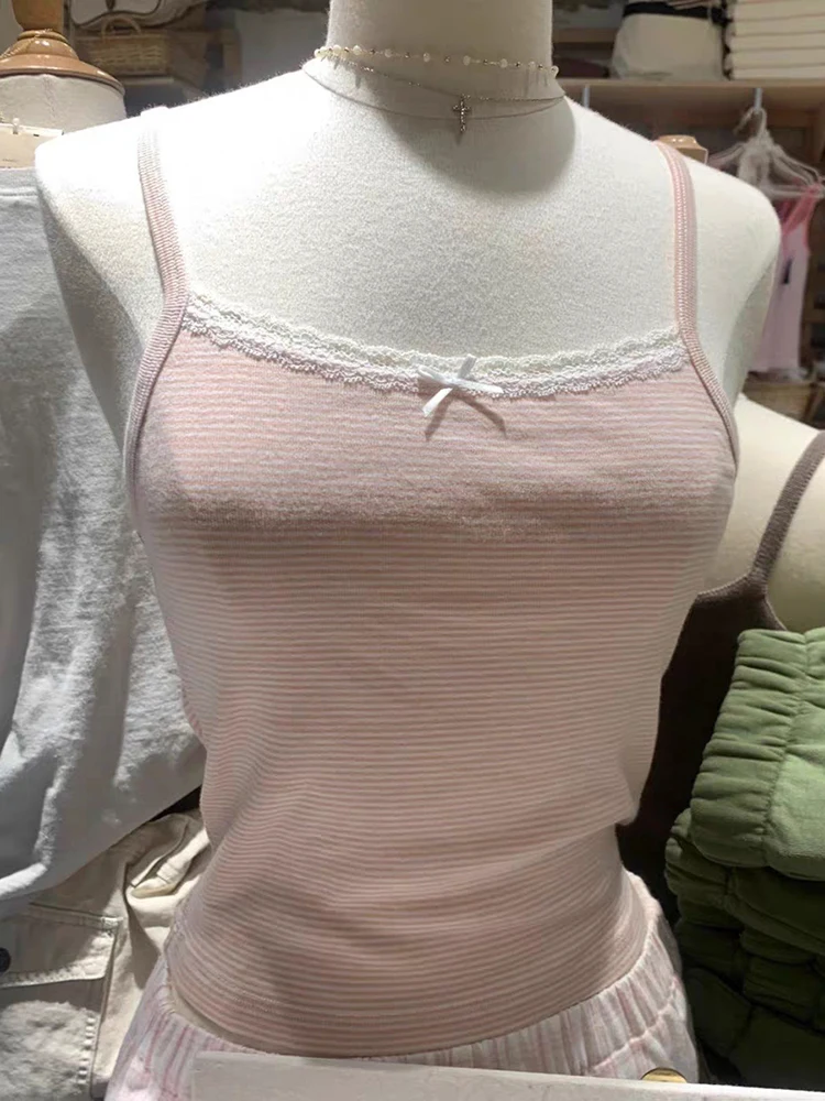 Süße rosa gestreifte Spitze Crop Top süße Schleife weiche Baumwolle ärmellose Sommer Camis Westen Frauen Vintage Harajuku schlanke Tank Tops Y2k