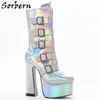 Sorbern Holo Mitte Wade Stiefel Frauen Block High Heels Plattform Schuhe Schnallen Seite Zipper Kunden Breiten Fit Chunky Ferse Schuhe punk