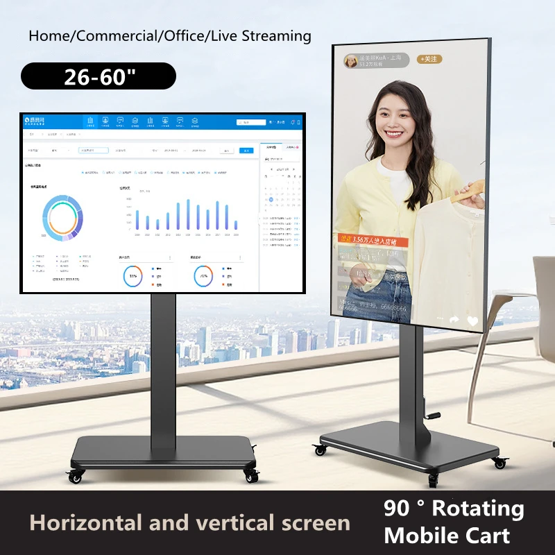 Boden-TV-Ständer mit Steckdose, universeller TV-Ständer für 26–55 Zoll große Fernseher bis zu 110 Pfund, höhenverstellbarer TV-Ständer mit Drehgelenk