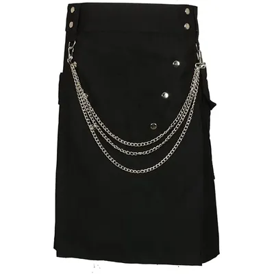 Schottischer schwarzer modischer Utility-Kilt mit silbernen Ketten, Halloween-Utility-Kilt Image