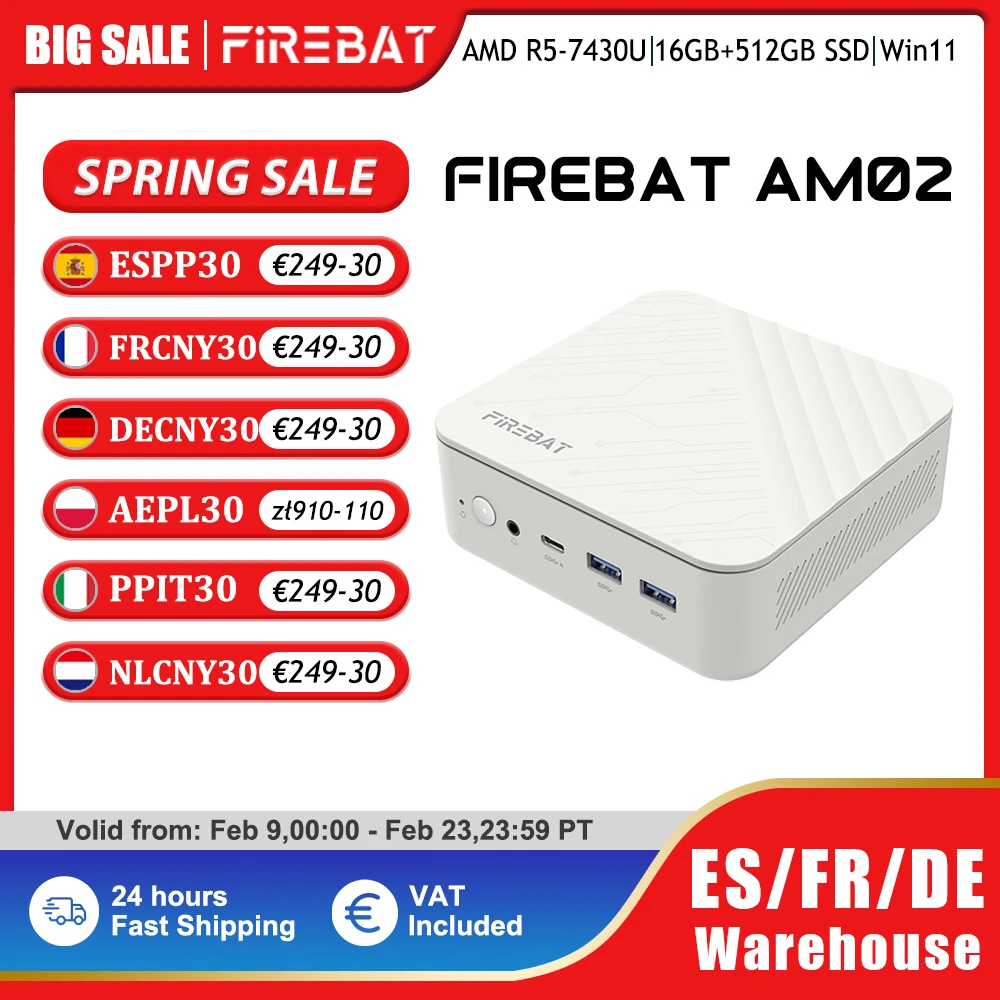 FIREBAT AM02 MINI-PC AMD Ryzen 5 7430U Windows 11 Mini-PC 16 GB DDR4 3200 MHz 512 GB SSD WLAN 6 BT5.2 HDMI 2.1 Desktop-Computer