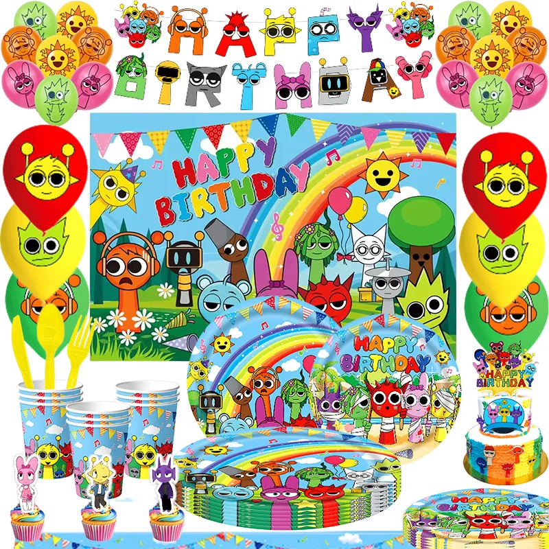 Sprunki Decorazioni per feste di compleanno Palloncini Sfondo Banner Set di stoviglie Tovaglia Tazze Piatti Cannucce Forniture per feste per bambini