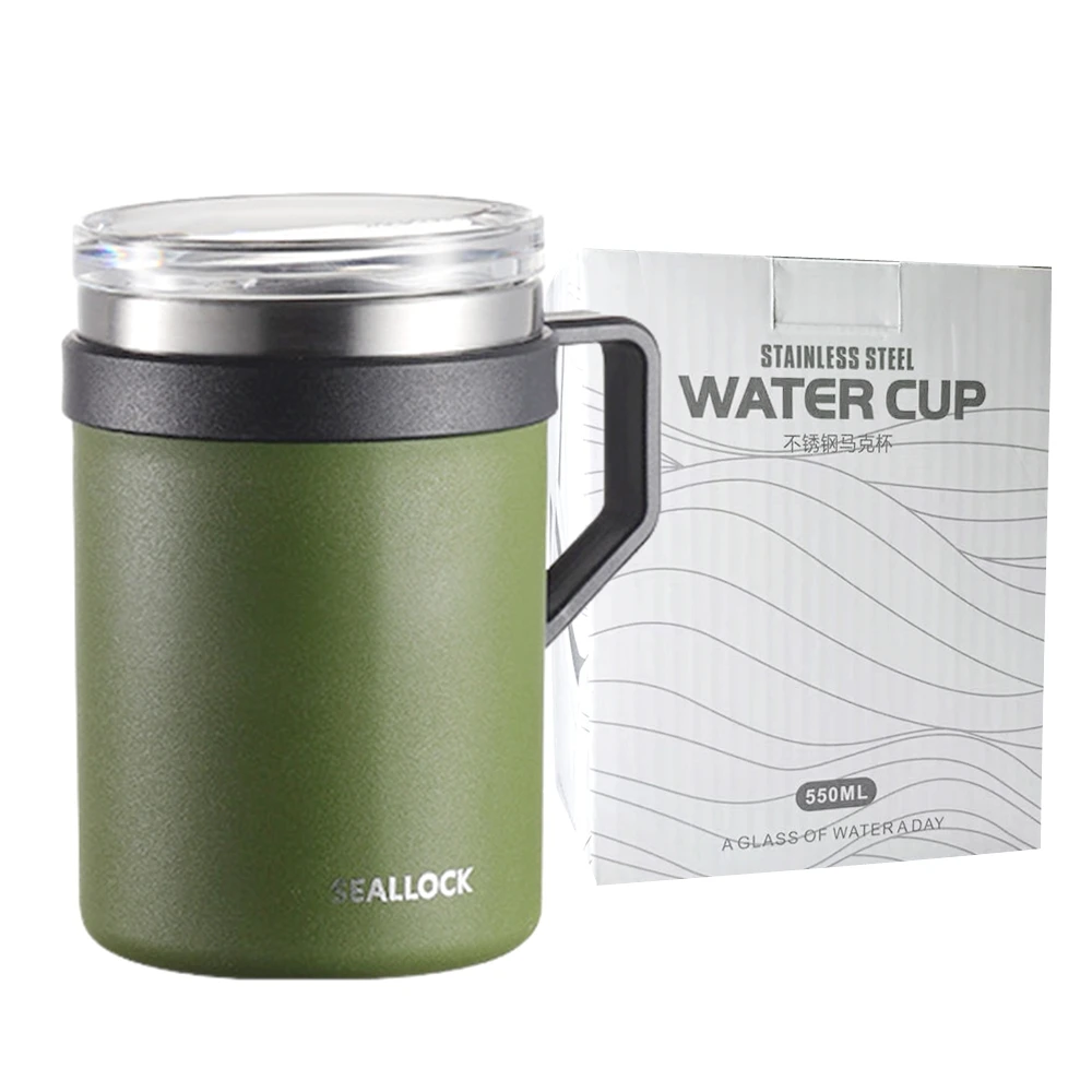 550 ml Kaffeetasse mit Griffdeckel, doppelwandig, Edelstahl, Thermo-Kaffeetasse, Wasserbecher für Büro, Reisen, Camping, Weiß, Grün Image