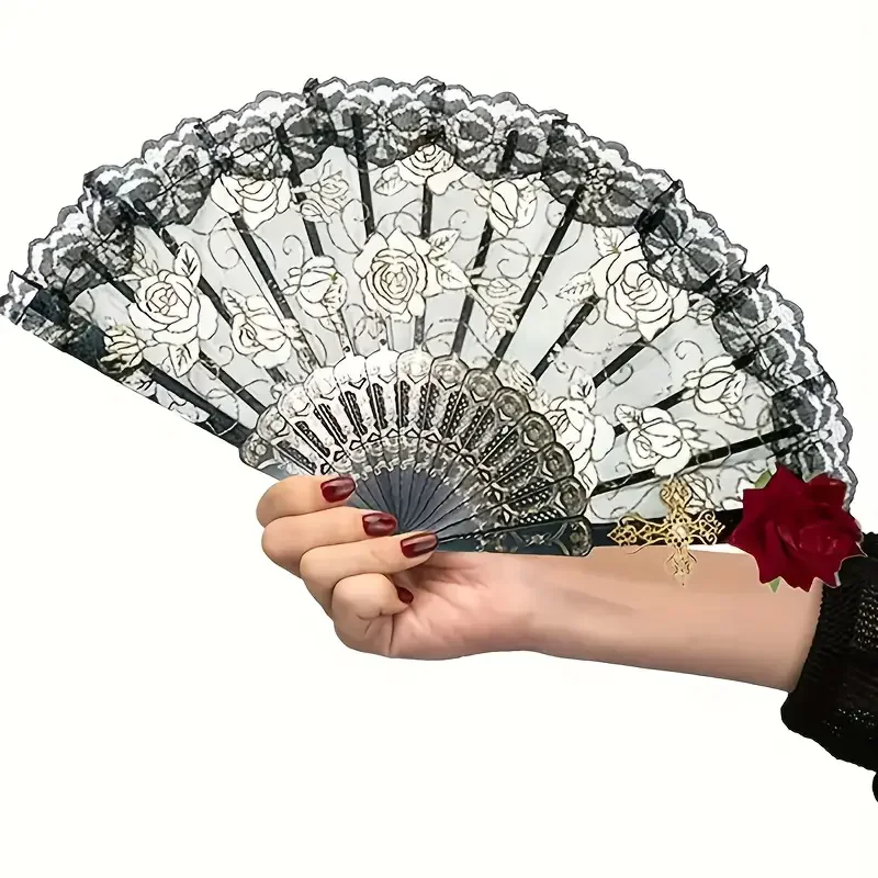 Vintage spanischer Flamenco-Rosen-Spitzen-Faltfächer – eleganter schwarzer Handfächer, perfekt für Partys und Hochzeiten