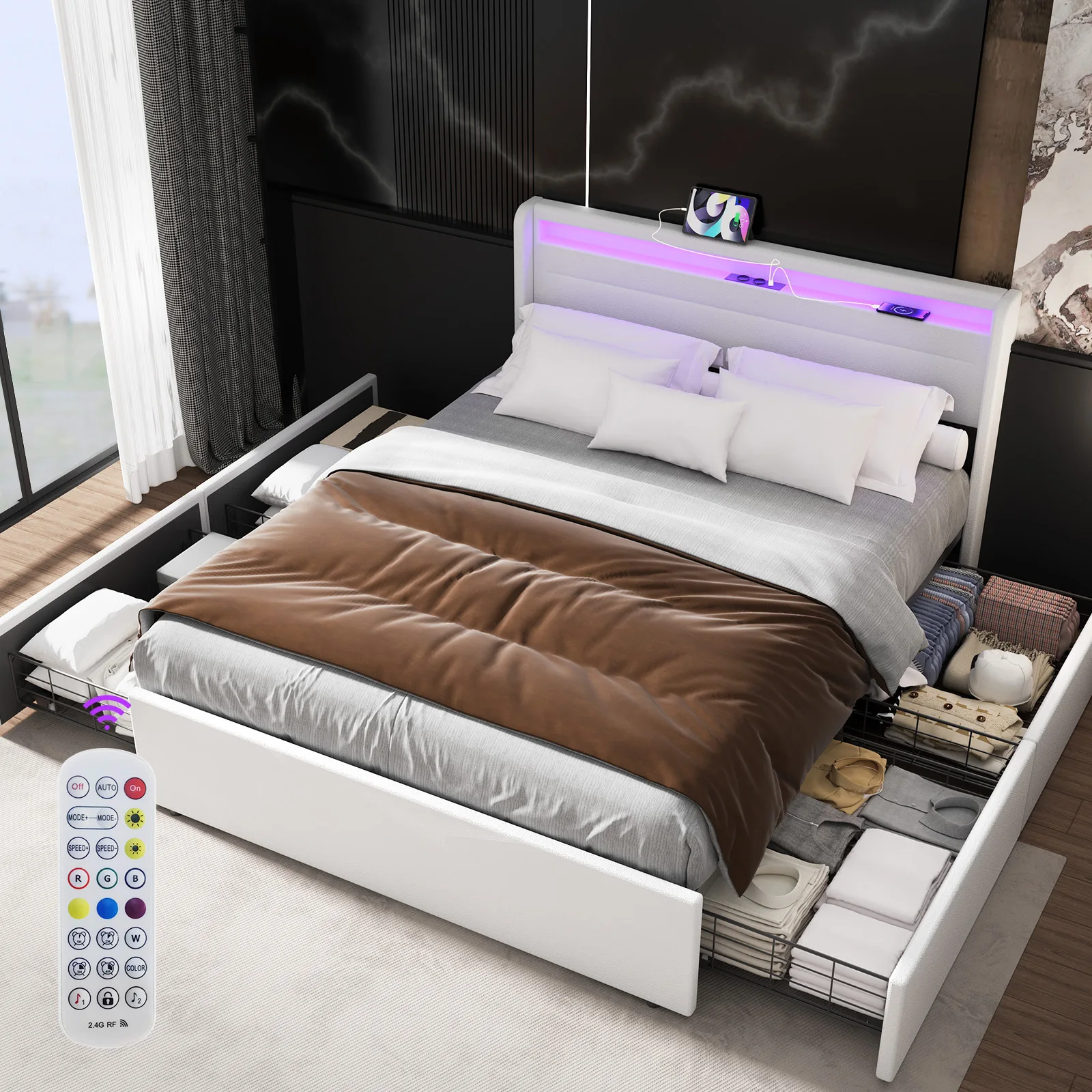 Doppelbettgestell mit Stauraum, gepolstertes Bettgestell mit Kopfteil, Bett aus PU-Leder mit LED-Lichtstreifen, 4 Schubladen Image