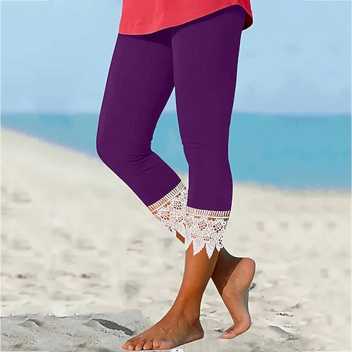 Per donna Pantaloni cropped Pizzo Vita Alta Atletico Pilates Corsa Pantaloni Tinta unica Nero Borgogna Blu Gli sport Abbigliamento sportivo