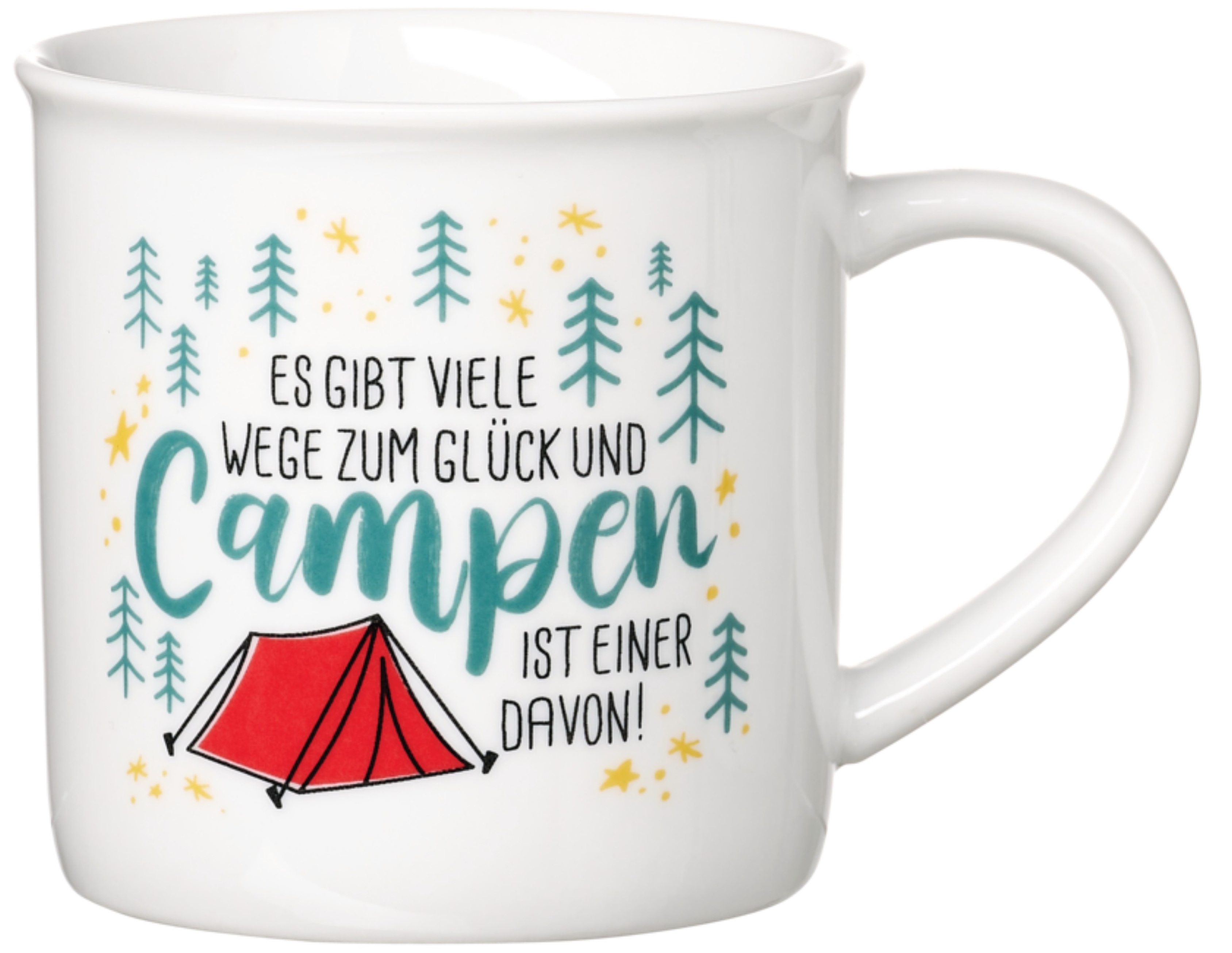 Becher RITZENHOFF & BREKER "Camping", bunt, B:13cm H:9cm Ø:9cm, Porzellan, Trinkgefäße, "Es gibt viele Wege zum Glück..." - in Geschenkbanderole