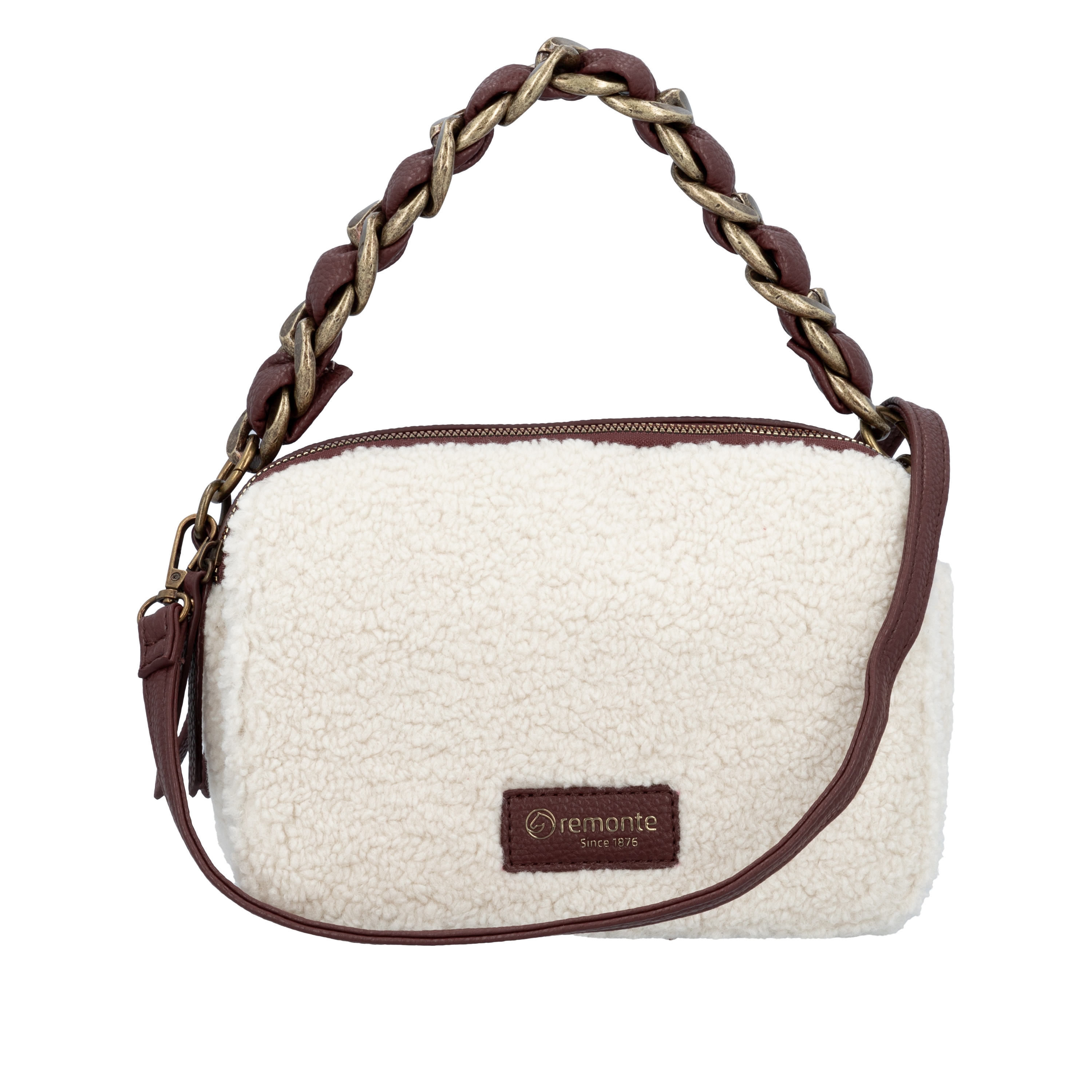 Umhängetasche REMONTE, Damen, Gr. B/H/T: 23cm x 15cm x 5,5cm, creme, braun, Fellimitat, Lederimitat, Fellimitat, Taschen, Damen-Handtasche, Schultertasche mit Tragegriff in Flechtoptik Image