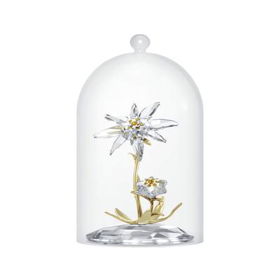 Dekoobjekt SWAROVSKI "Kristallfigur Sammelfigur Florere Jubiläums-Glasglocke 130 Jahre", weiß (kristallweiß, goldfarben), Dekofiguren, Ø, Edelweiß unter Glasglocke, Swarovski Kristall, Metall Image