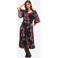 Sommerkleid SHEEGO "Kleid", Damen, Gr. 54, Normalgrößen, schwarz (schwarz, bedruckt), 100% Polyester, geblümt, gemustert, mehrfarbig, bedruckt, lang, V-Ausschnitt, Kurzarm, Kleider