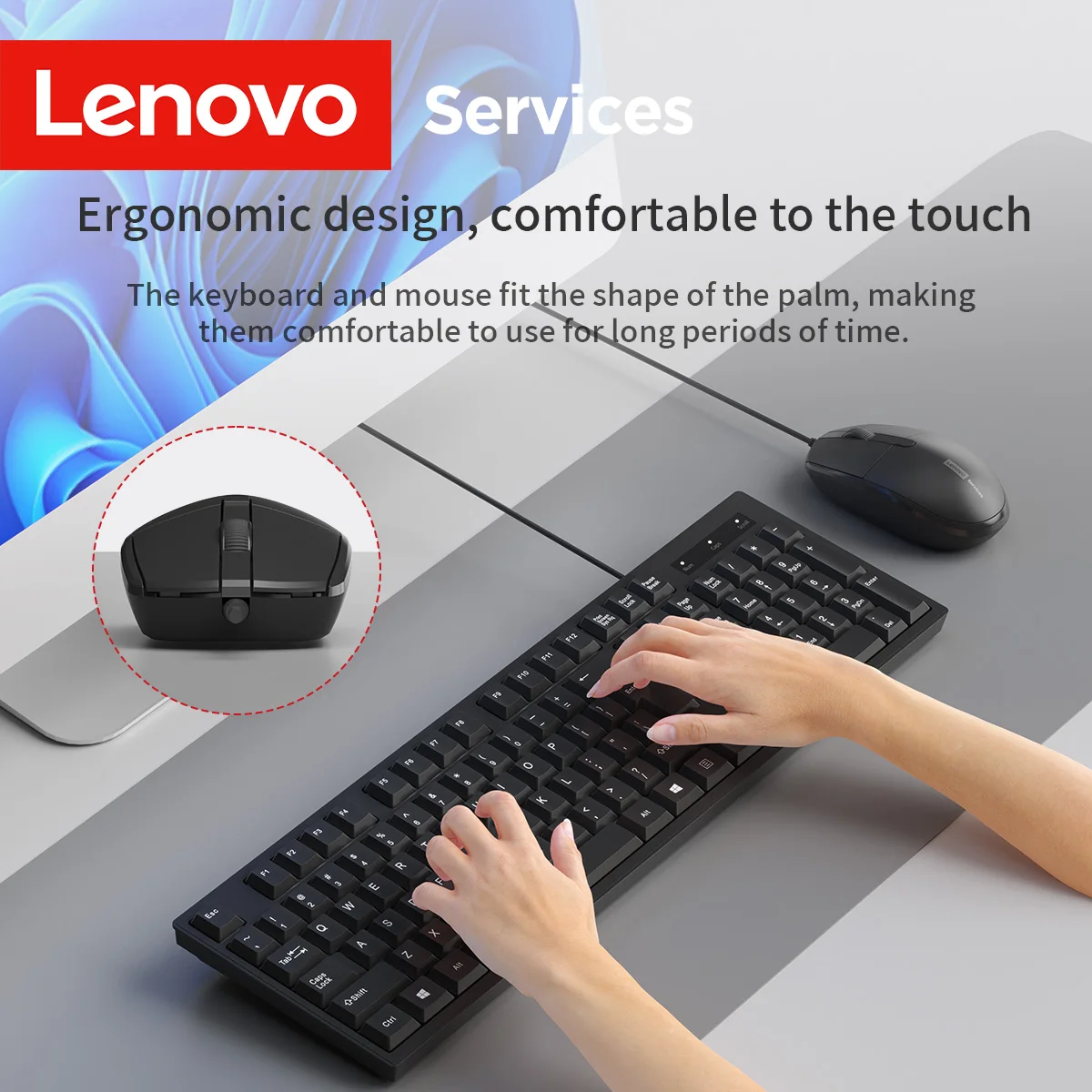 Lenovo Kabelgebundenes Maus- und Tastatur-Set, klassisch, schwarz, für Büro, Geschäft, Heimgebrauch, 104 Tasten-Tastatur-Set, leise, leise Maus-Kombination für PC Image