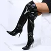 Frauen Stiefel Spiegel Spitze Zehen Punk Hohe Dünne Heels Über Das Knie Lange Stiefel Herbst Winter Zip Silber Schwarz Casual Party Schuhe