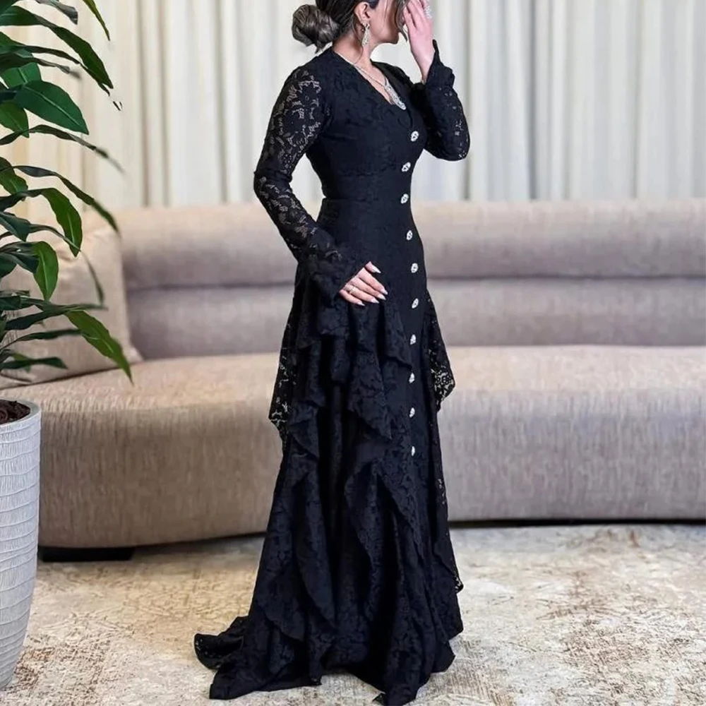 Elegant Black Lace Evening Dress Long Sleeves Sheath Floor Length with Ruffles Women Occasion Formal Customized Banquet Gown