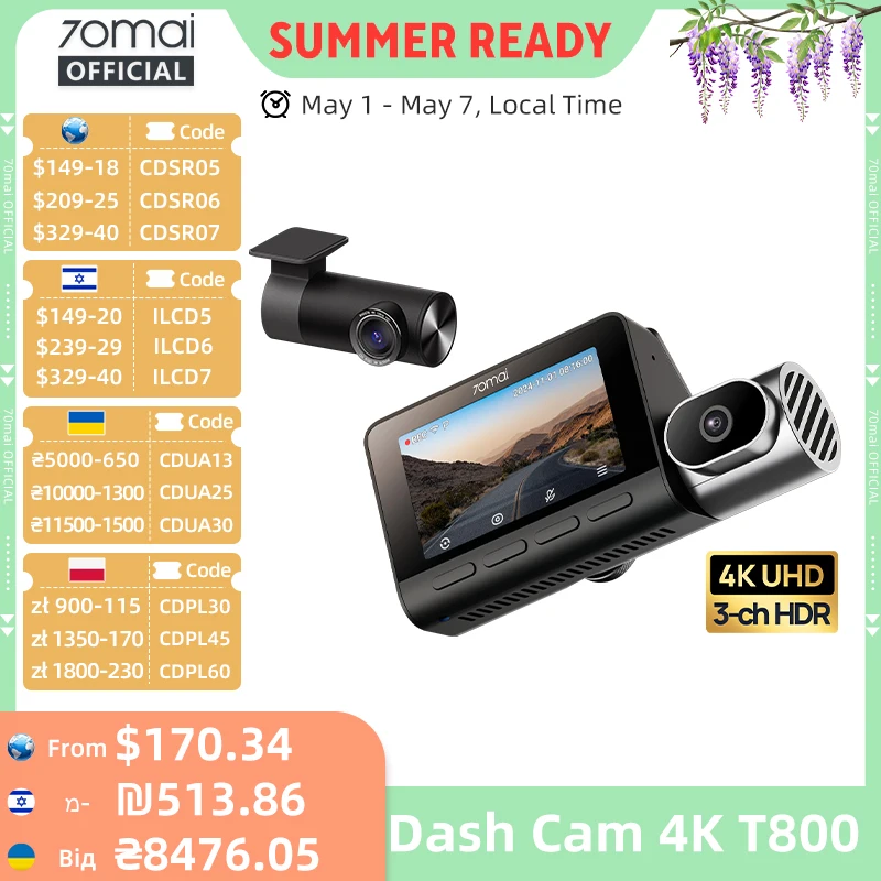 【Lokales Lager PL】Globale Version 70mai 4K Dash Cam T800 3-Kanal HDR Superkondensator WiFi 6 Sprachsteuerung 4G LTE 70mai Auto-DVR Image