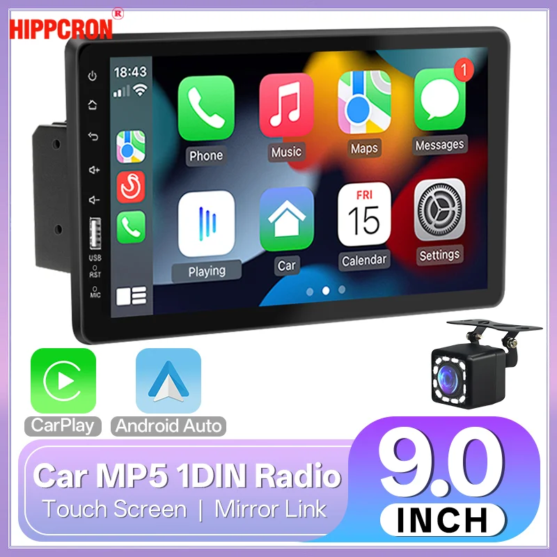 Hippcron 9'' Carplay Autoradio 1 Din Android Auto Multimedia Player Touchscreen Bluetooth USB MirrorLink Universal Autoradio Image