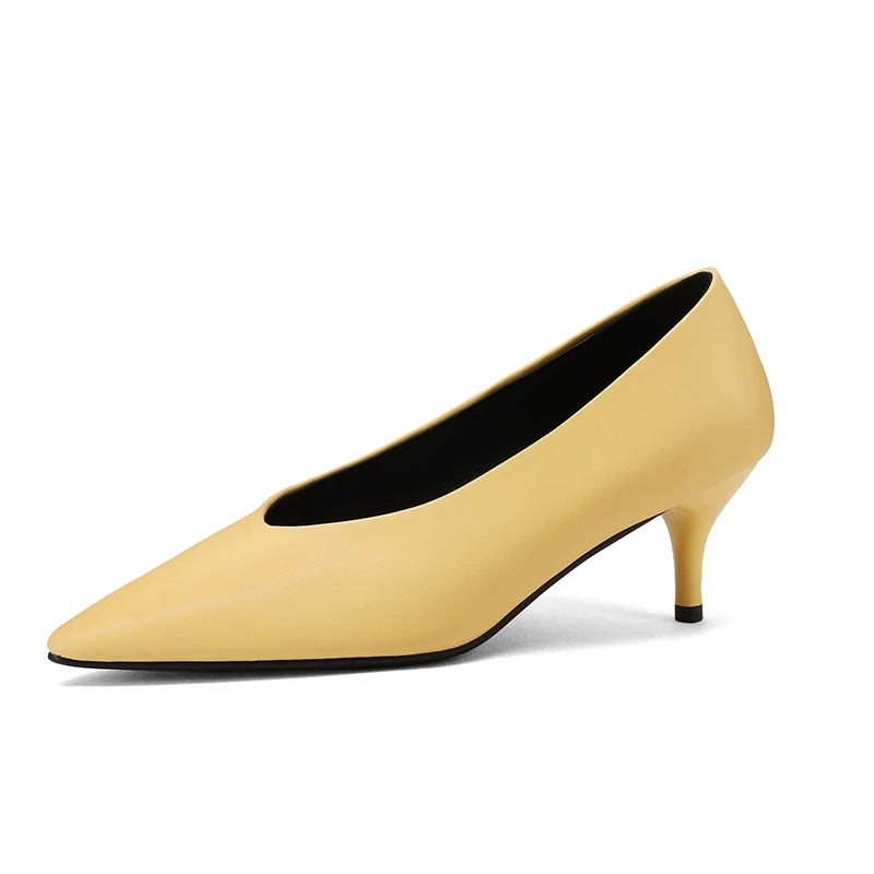 NEW 2025 Women Trend Split Leather Pumps Office Heels Sexy Women Light-Yellow Red Pointed Toe Thin Heel Party Shoes Plus Size