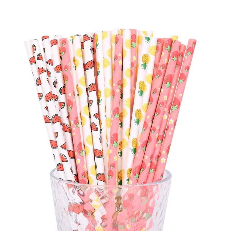 25/50 stücke Sommer Obst Papier Strohhalme Ananas Erdbeere Trinkhalme für Geburtstag Hochzeit Sommer Obst Thema Party liefert Image