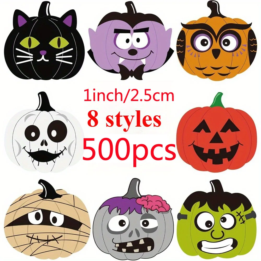 500 Stück 2,5 cm große Halloween-Aufkleber, Roller für Geschenke, Tassen, wasserdicht, für Kinder, Halloween-Kürbis-Aufkleber für Halloween-Dekoration, 2,5 cm Image