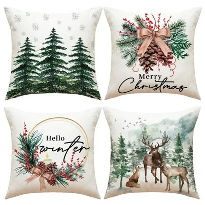 Frohe Weihnachtsbäume, Rentier, Schneeflocke, Dekokissenbezüge, 45 x 45 cm, 4er-Set, Weihnachts-Kissenbezug mit roten Beeren, Weihnachtsdekoration Image