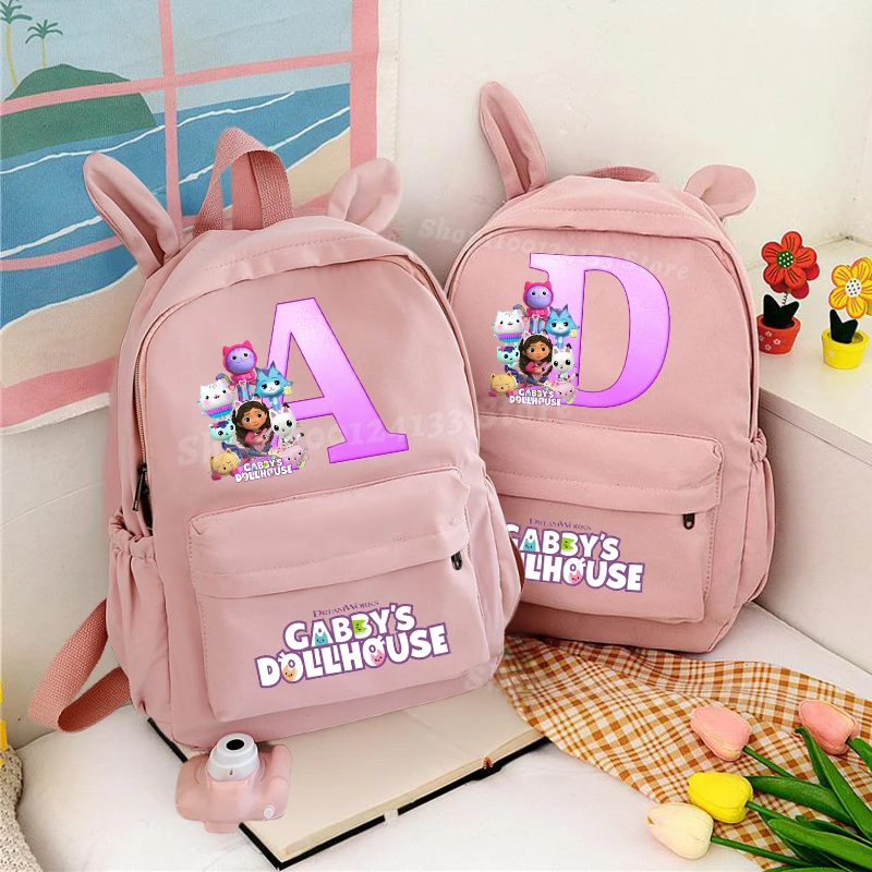 Cases de poupée Gabbyed femme rose lapin oreille sac à dos lettres mignonnes A-Z Anime imprimer enfants fille étudiant stylo livre sac d'école retour école