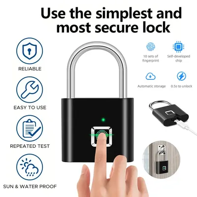 Keyless USB Charging Fingerprint Lock Smart Padlock Waterproof Door Lock 0.2s Fast Unlock Home Portable Anti-theft Padlock
