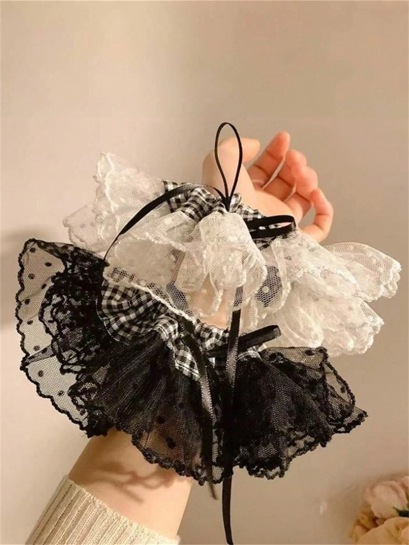 1/2 Stück Vintage-Haargummi mit gepunkteter Schleife aus Spitze für Damen, elegantes Haargummi mit Schleife für Pferdeschwanz, Dutt, vielseitiger französischer Stil Image