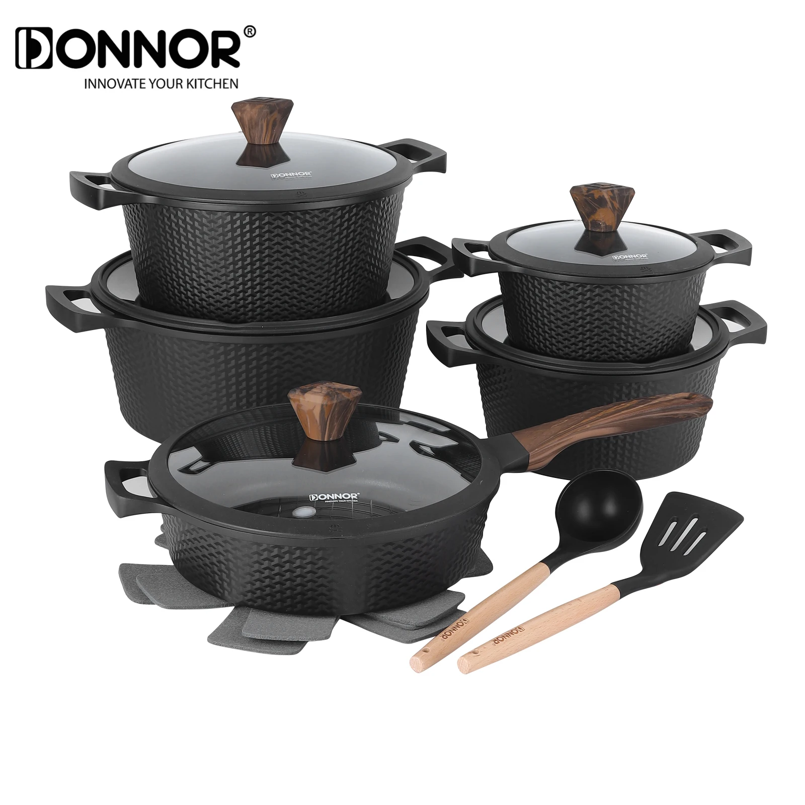DONNOR Batterie de cuisine à induction – Batterie de cuisine avec couvercle – Ustensiles de cuisine durables sans PTFE et PFOA pour une cuisine quotidienne