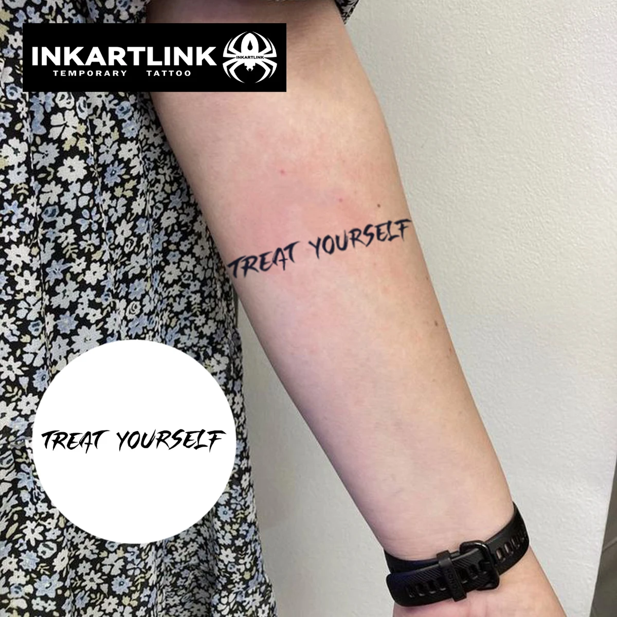 INKARTLINK Englische motivierende Tattoo-Aufkleber im Alter von 1–2 Wochen mit handgeschriebener Schrift „TREAT YOURSELF“ Image