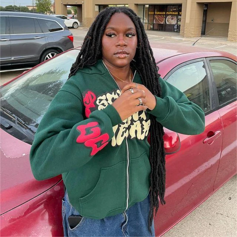 Modische y2k harajuku lässige lang ärmel ige Schaum Hoodie amerikanischen Stil neue lose Reiß verschluss jacke Hip-Hop Street Damen bekleidung Image