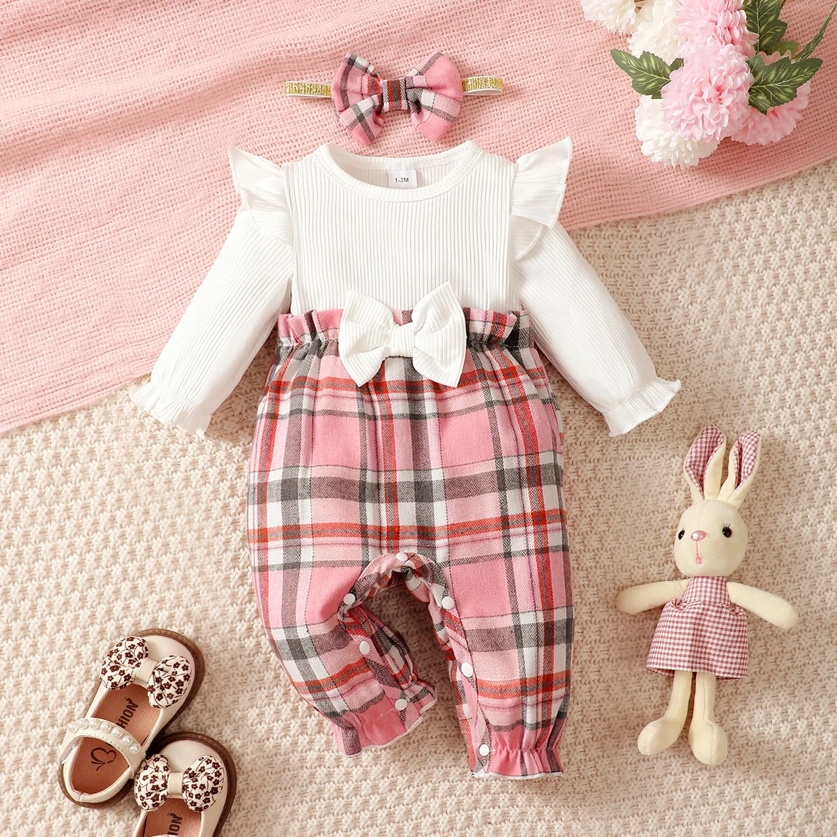 Neugeborenes Baby Mädchen Frühling Herbst Overall Fliegende Ärmel Rosa Karierter Langarm Overall + Stirnband für 0-18 Monate Baby Mädchen Image