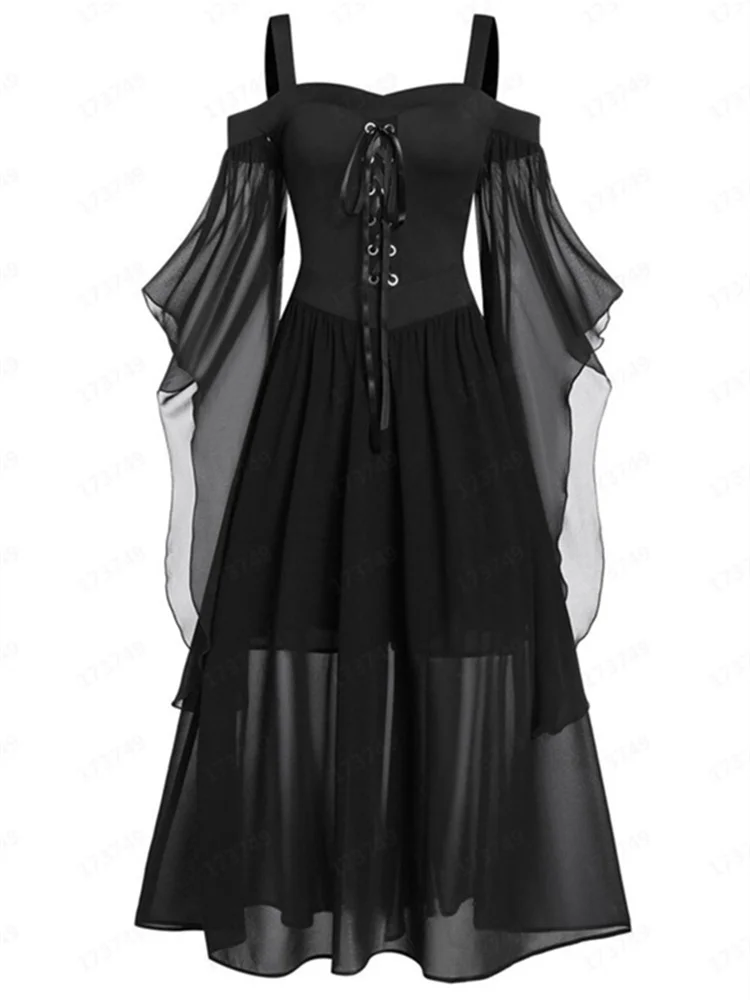 Vintage Frauen Halloween Hexe Cosplay Kostüme Gothic Off Schulter Spitze-up Verband Mesh Sheer A-line Lange Cami Kleid Party tragen