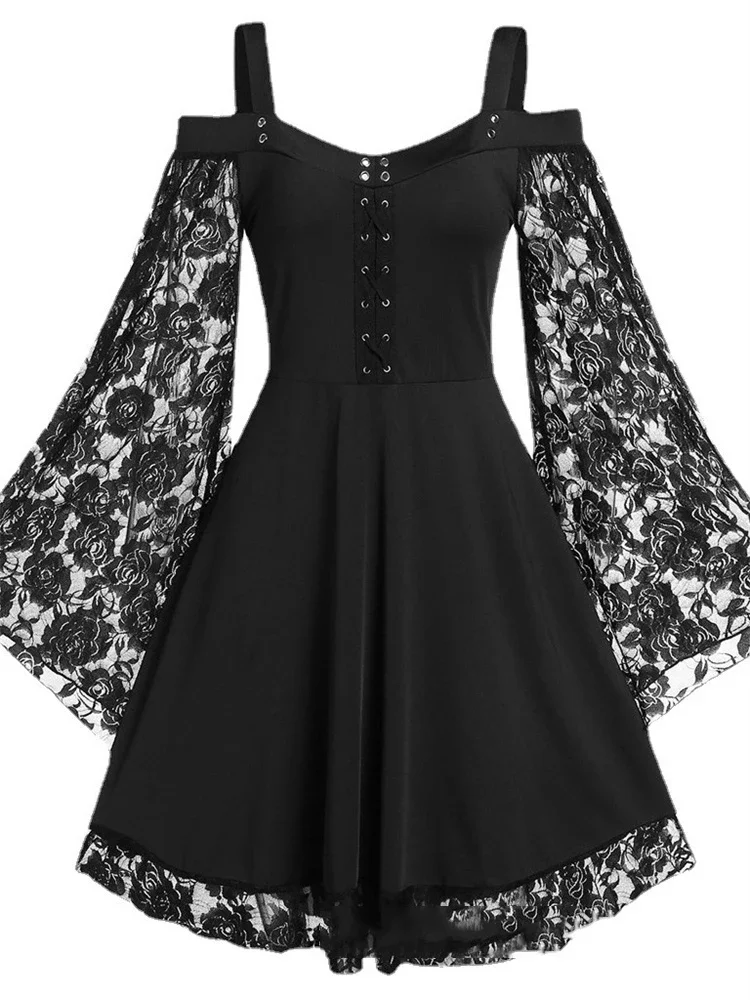 2022 neue Gothic Eine-schulter Spitze Nähte Ausgestellte Ärmel Kleid Literarischen Vintage Herbst Grunge Schwarz A-line Kleid Punk Party