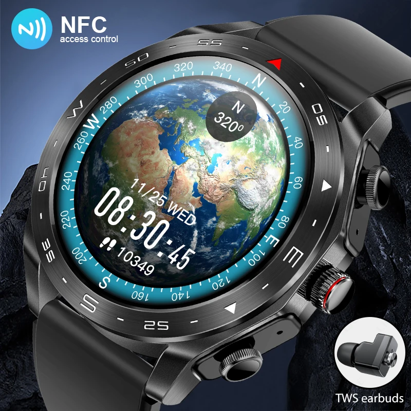 NFC Headset Smart Watch 2in1 TWS Drahtloser Kopfhörer Musik Anruf Männer Smartwatch mit Ohrhörern Gesundheitsmonitor Wasserdichte Sportuhr Image
