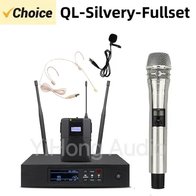 QLD4-KSM8-Silvery-Fullset 800/900MHz Professional Wireless Microphone System True Diversity Handheld Bodypack Mic Karaoke Stage