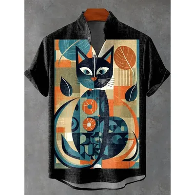 2025 Summer Cute Animal Race Art Illustration Two Kittens Dancing Crayon Drawing Fun Art 3D Printing Casual Linen Shirt