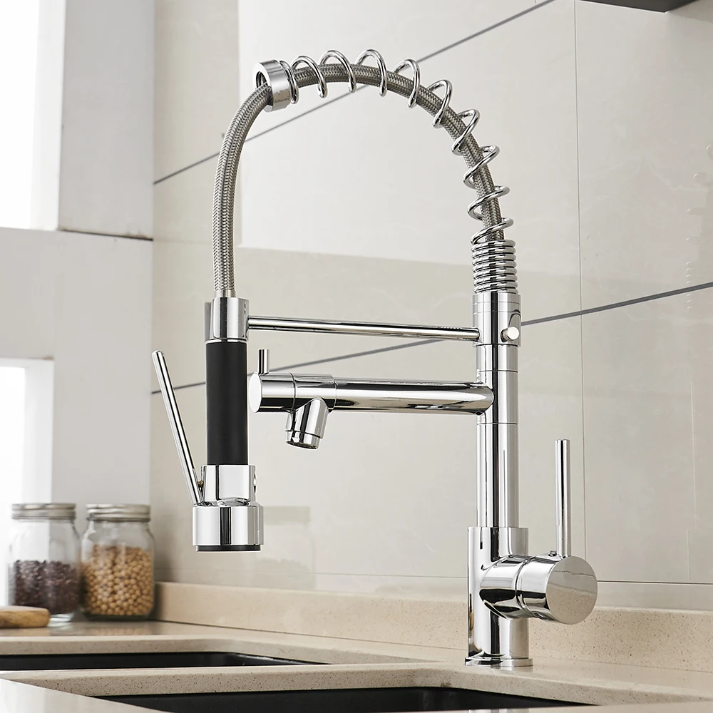 Chrome Pull Down Spring Kitchen Faucet Single Lever Hot Cold Mixer Water For Kitchen Sink Dual Spout Nozzle Faucets Crane 866026
